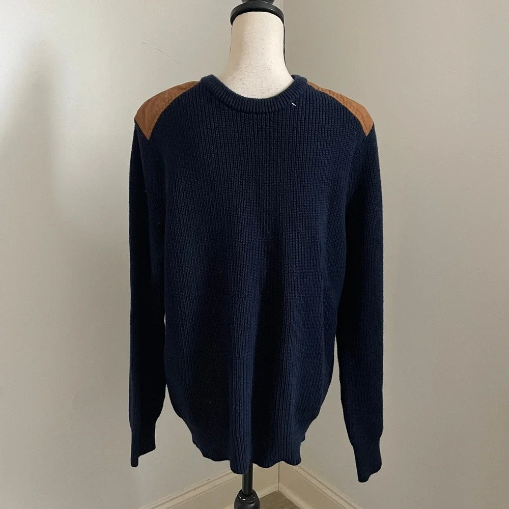 J.Crew Mens Woodsman Sweater Size‎ XL Crew Neck Navy Blue Suede Shoulder Patches